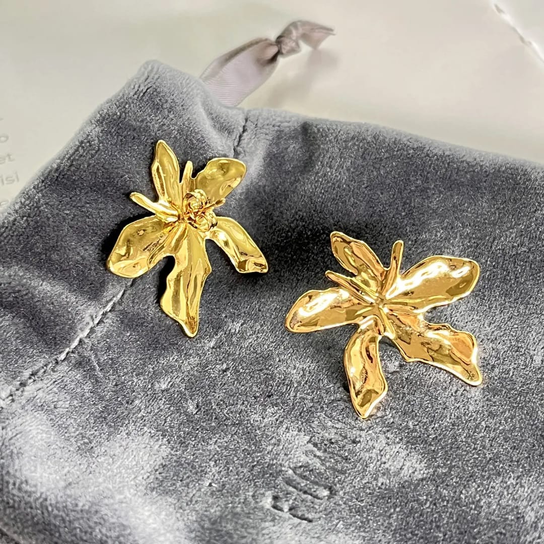 Abstract Molten Gold Orchid Stud Earrings