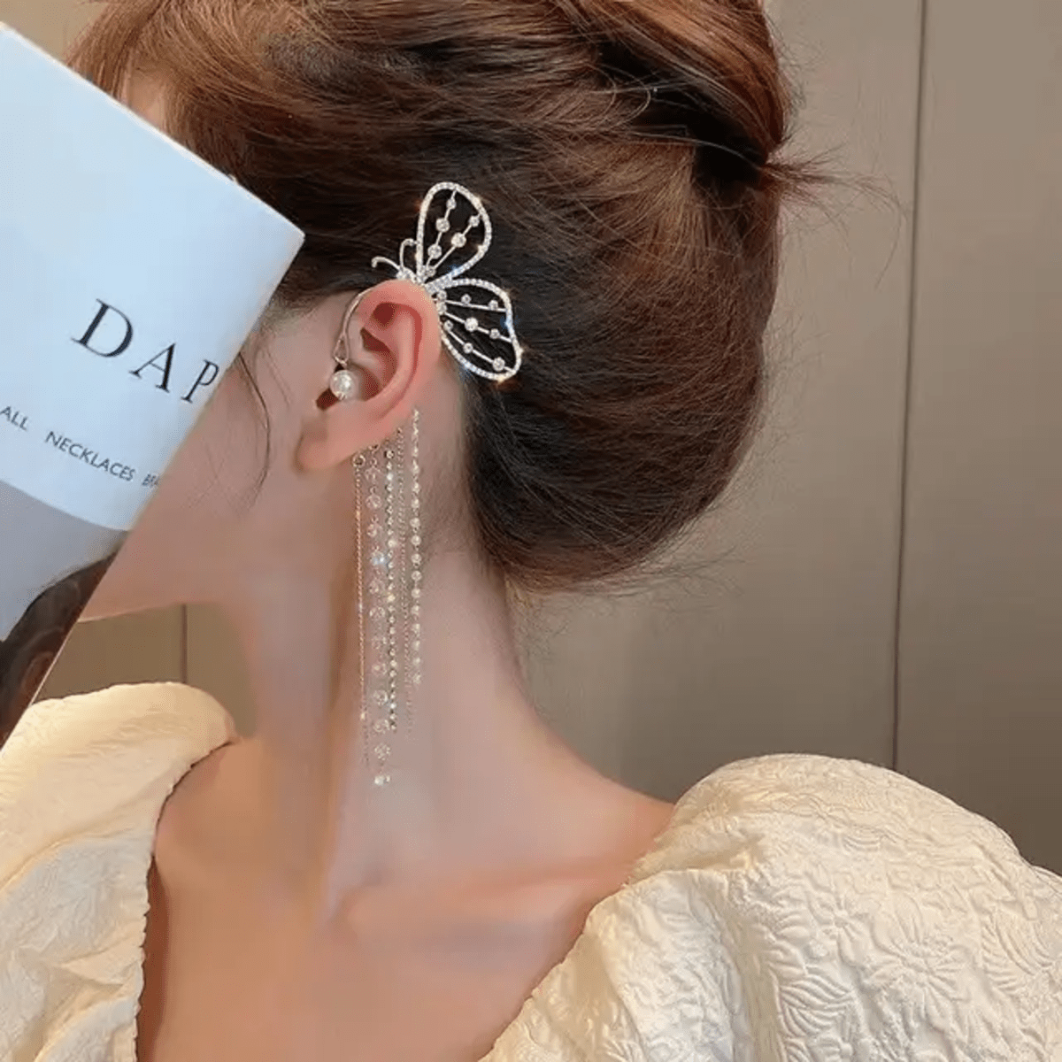 Shimmering Crystal Butterfly Tassel Ear Wrap Cuff