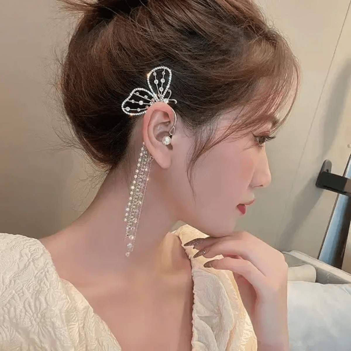 Shimmering Crystal Butterfly Tassel Ear Wrap Cuff