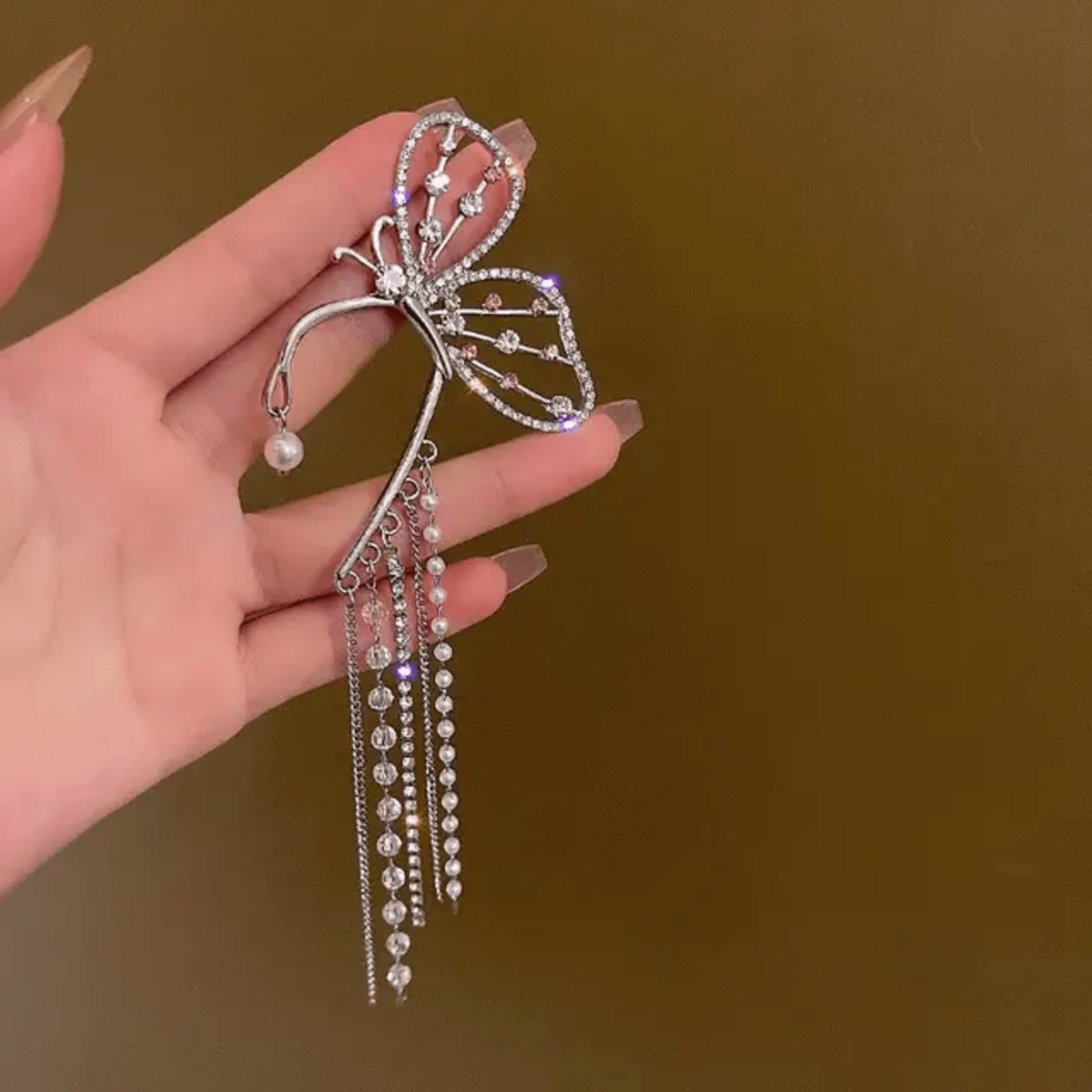 Shimmering Crystal Butterfly Tassel Ear Wrap Cuff