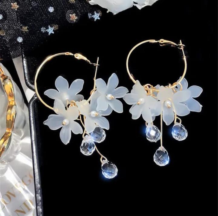 Frosted Blossom & Crystal Raindrop Hoop Earrings