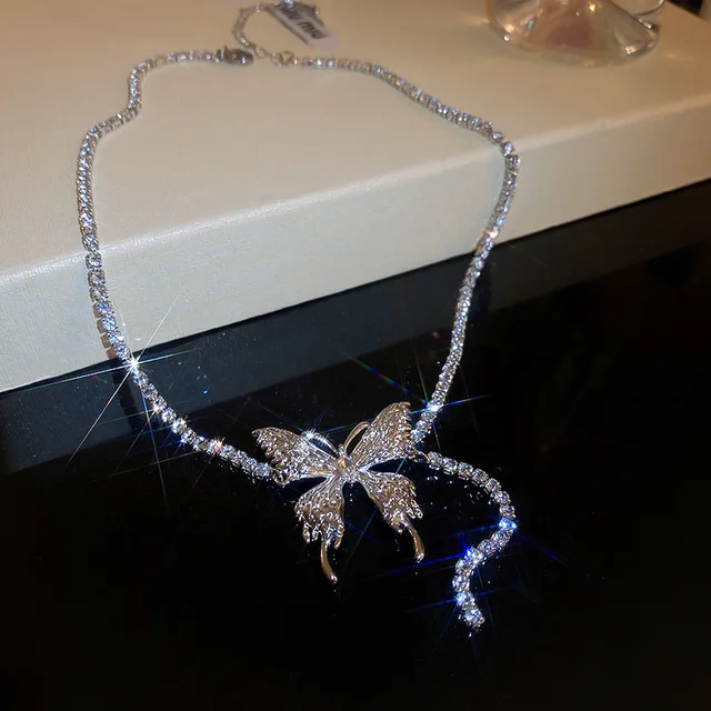 Sparkling Rhinestone Butterfly Tennis Chain Choker