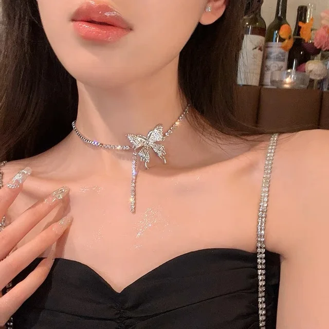 Sparkling Rhinestone Butterfly Tennis Chain Choker