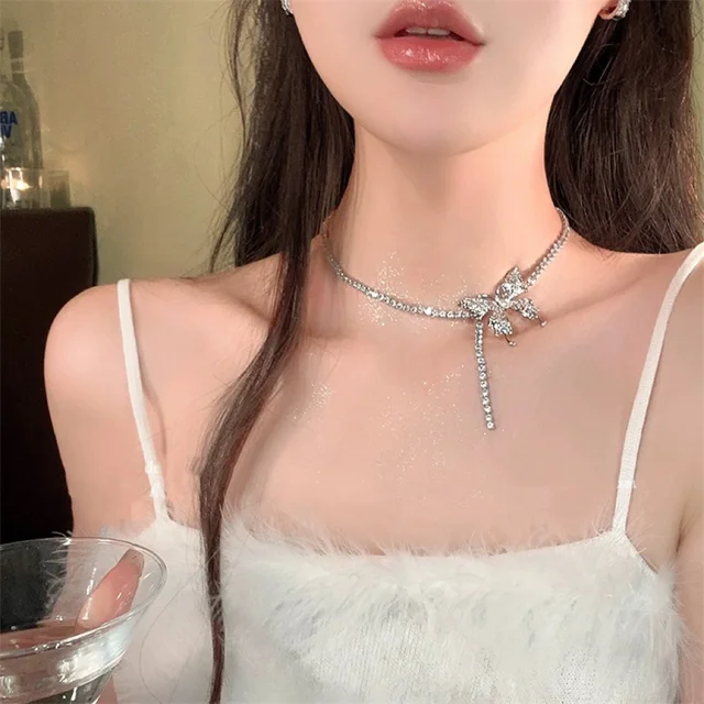 Sparkling Rhinestone Butterfly Tennis Chain Choker