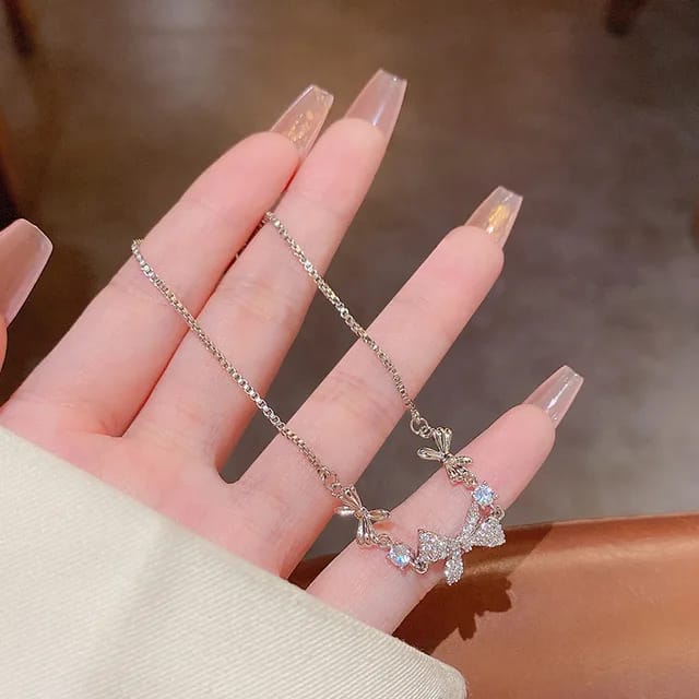 Sparkling Zircon Coquette Bow Pendant Necklace