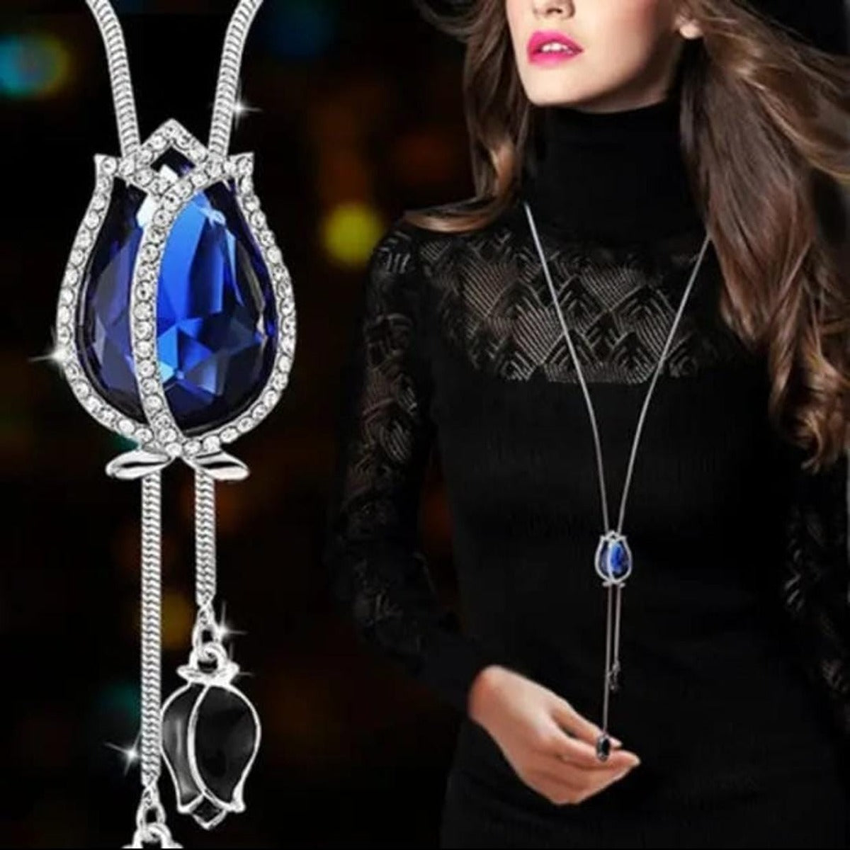 Royal Blue Crystal Tulip Lariat Sweater Necklace