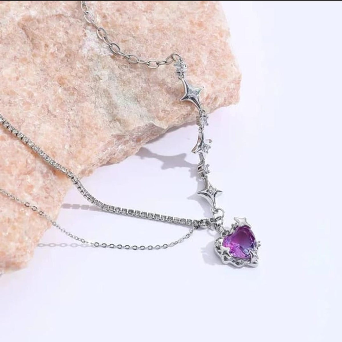 Purple Gradient Crystal Heart Tennis Chain Necklace