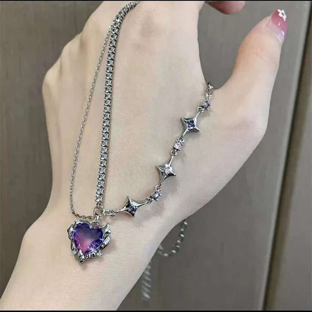 Purple Gradient Crystal Heart Tennis Chain Necklace