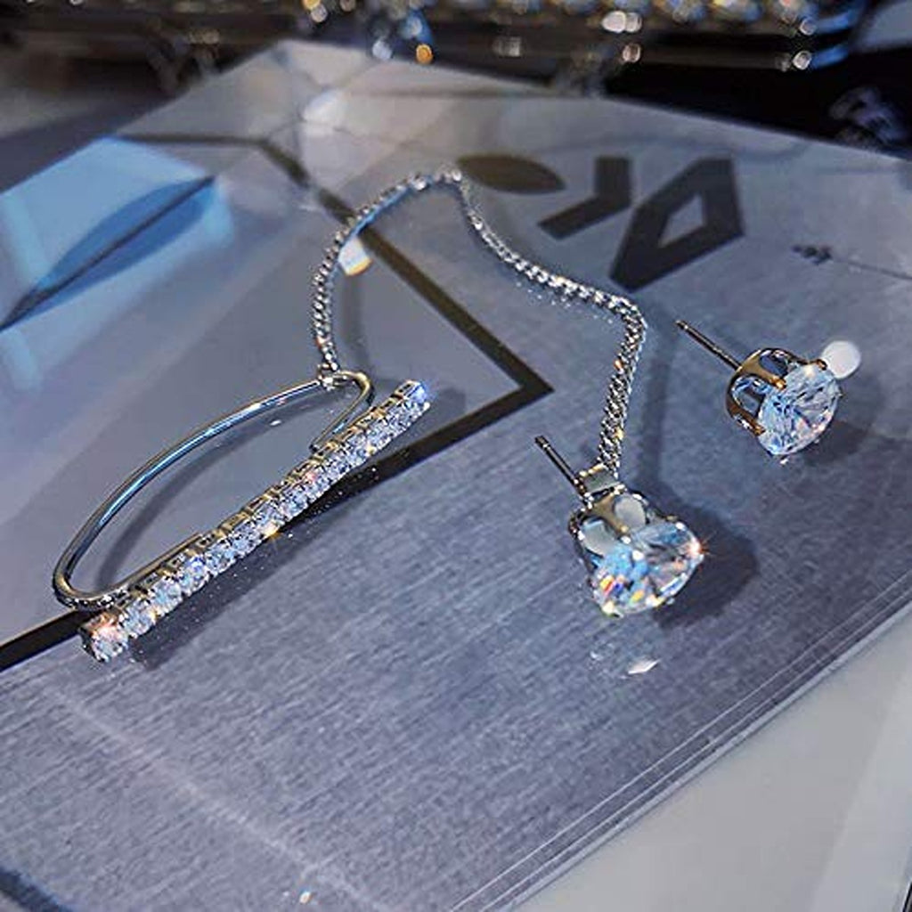 Solitaire Stud & Crystal Bar Ear-Link Chain Cuff