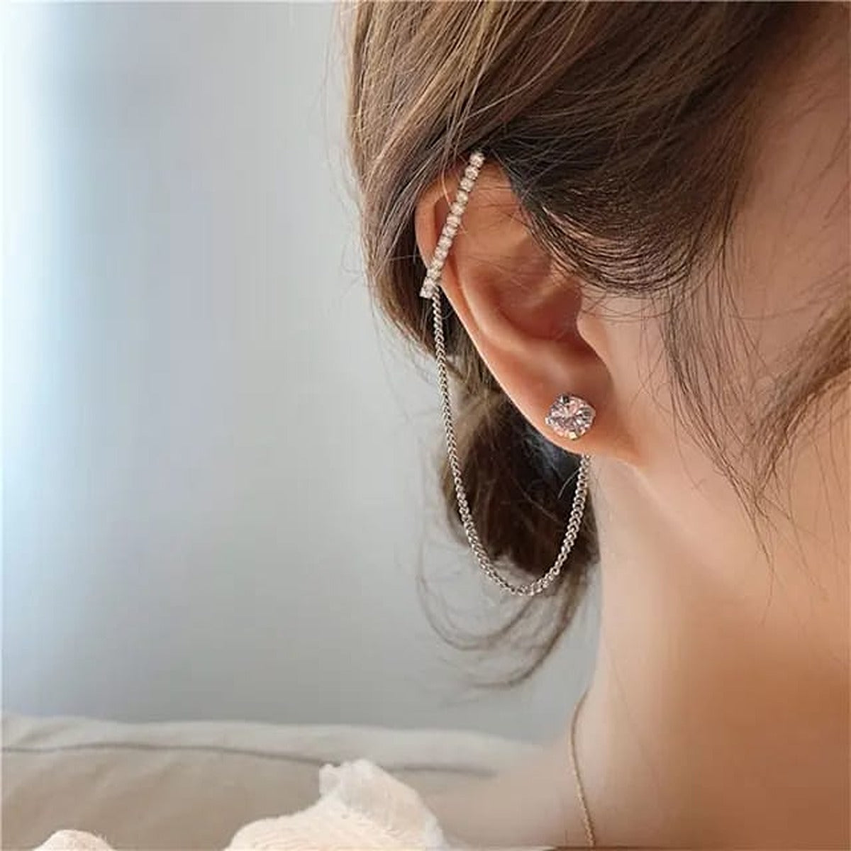 Solitaire Stud & Crystal Bar Ear-Link Chain Cuff