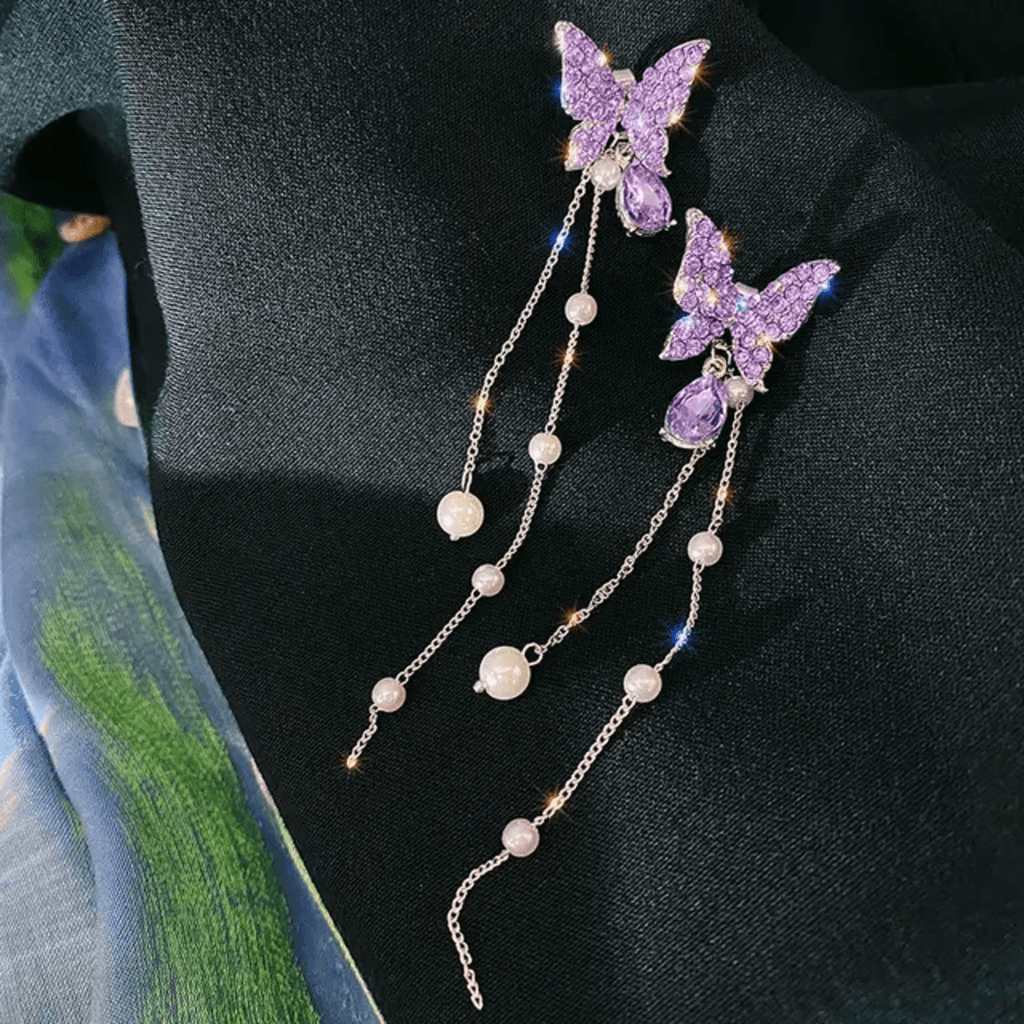 Lavender Dream Crystal Butterfly Tassel Earrings