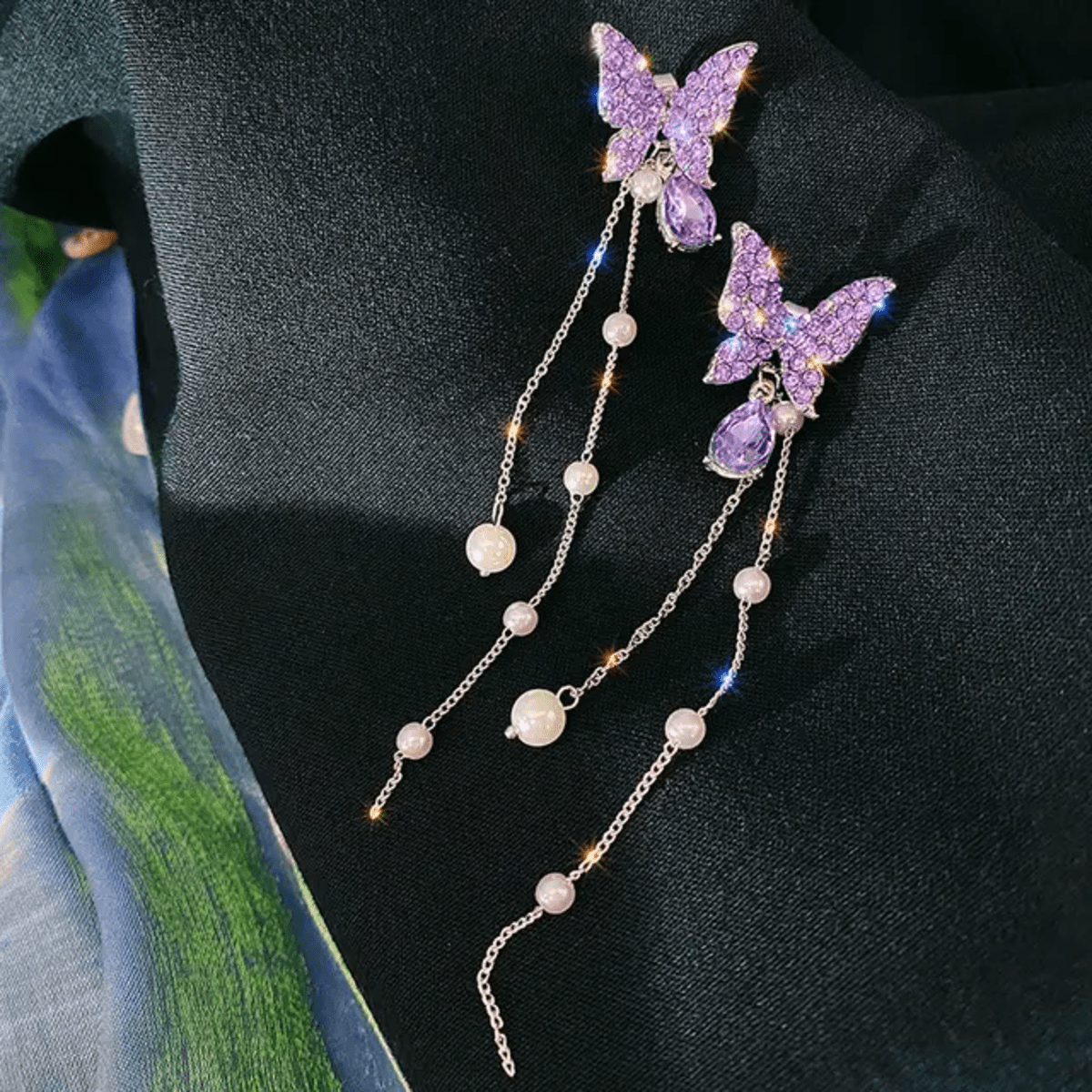 Lavender Dream Crystal Butterfly Tassel Earrings
