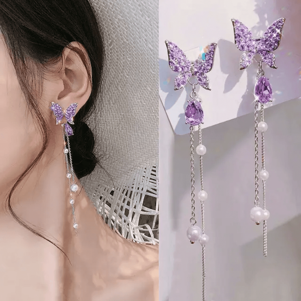 Lavender Dream Crystal Butterfly Tassel Earrings