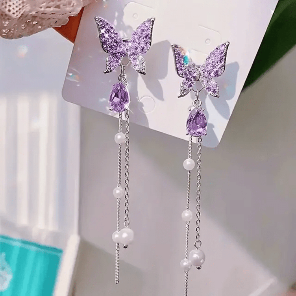 Lavender Dream Crystal Butterfly Tassel Earrings