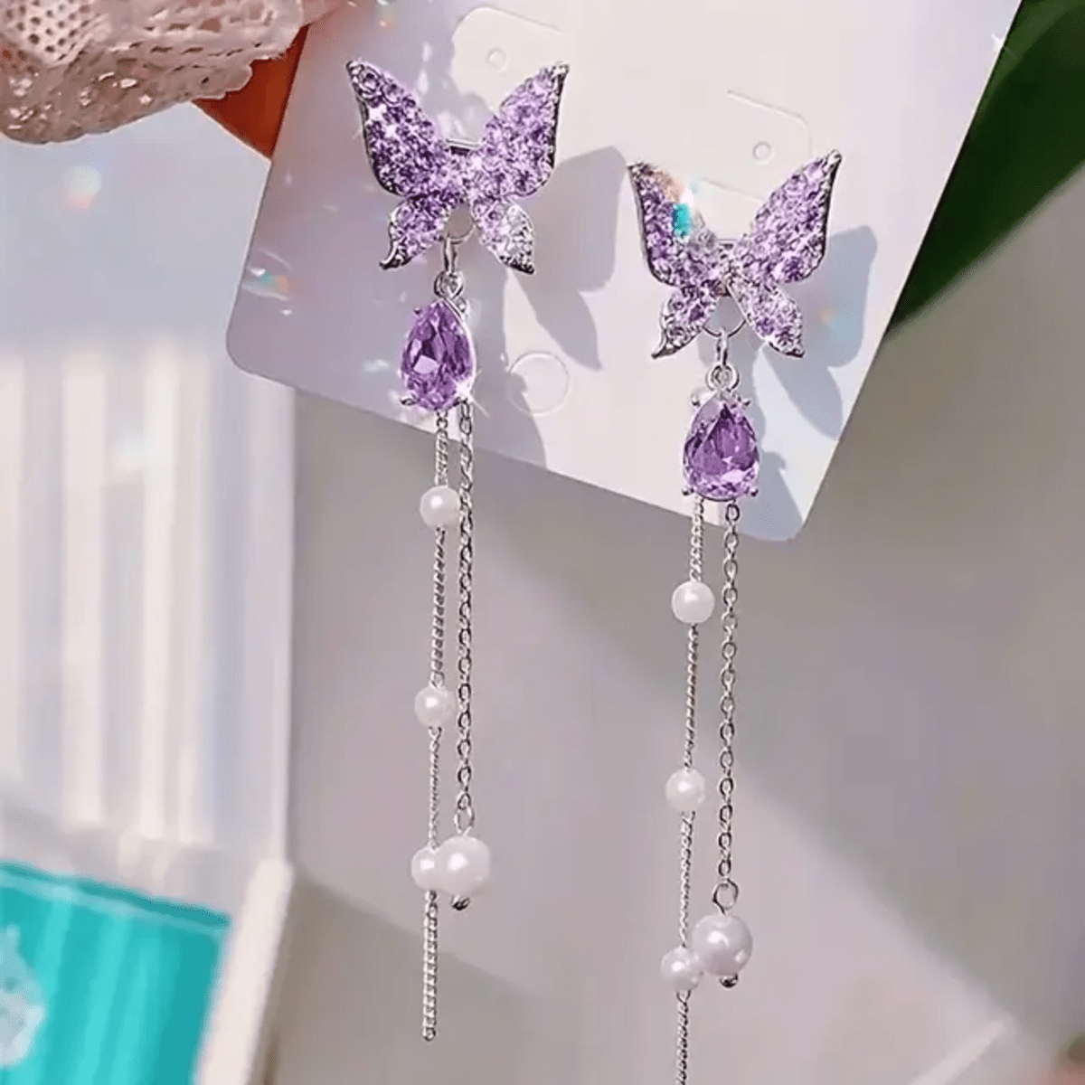 Lavender Dream Crystal Butterfly Tassel Earrings