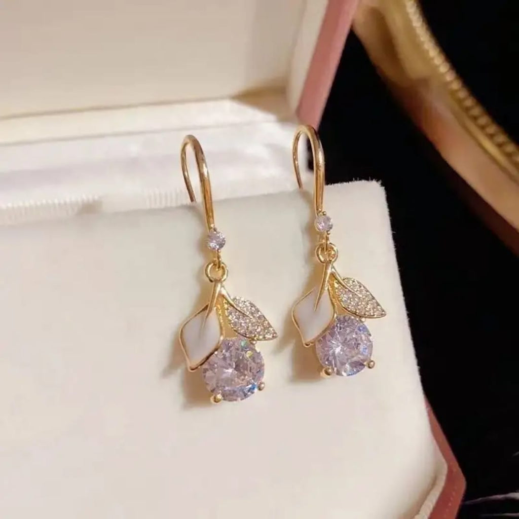 Elegant Solitaire Bud & Enamel Leaf Drop Earrings