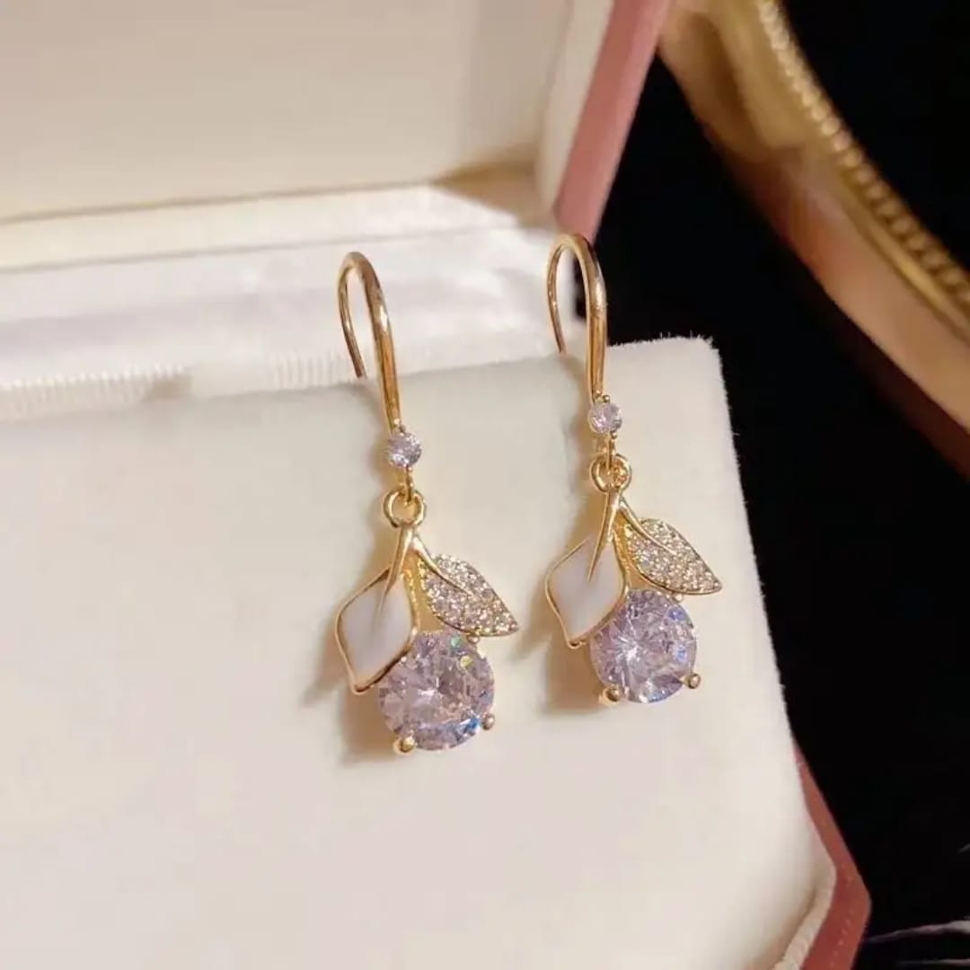 Elegant Solitaire Bud & Enamel Leaf Drop Earrings