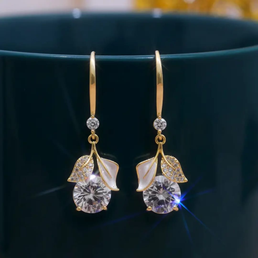 Elegant Solitaire Bud & Enamel Leaf Drop Earrings
