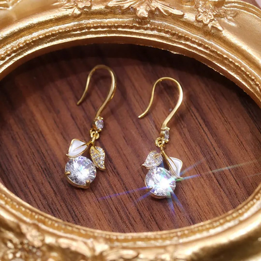 Elegant Solitaire Bud & Enamel Leaf Drop Earrings