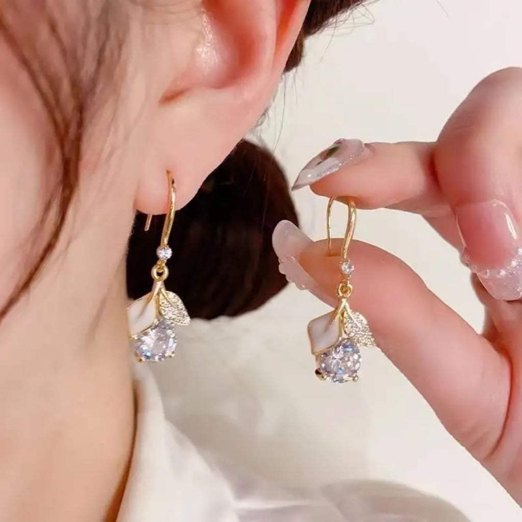 Elegant Solitaire Bud & Enamel Leaf Drop Earrings