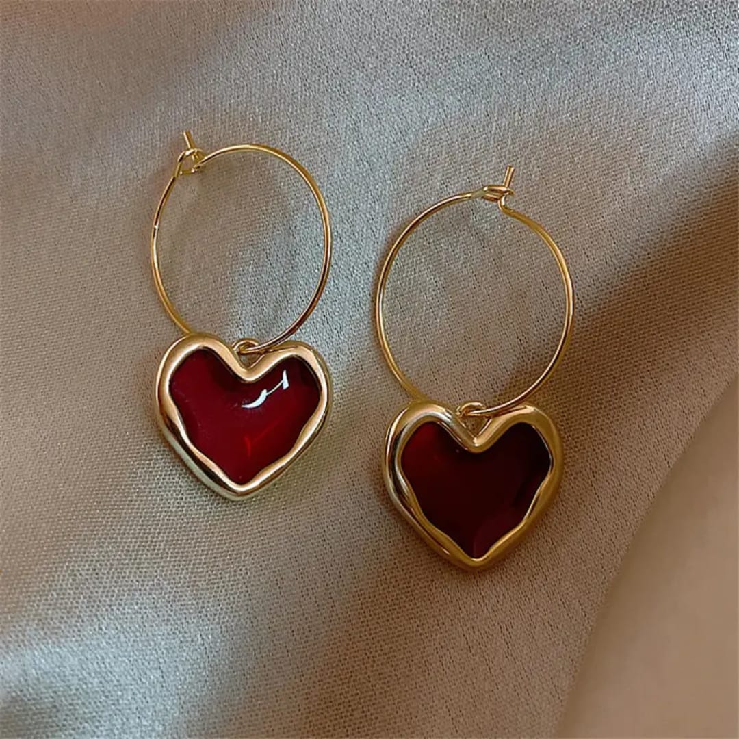 Crimson Enamel Heart Charm Hoop Earrings