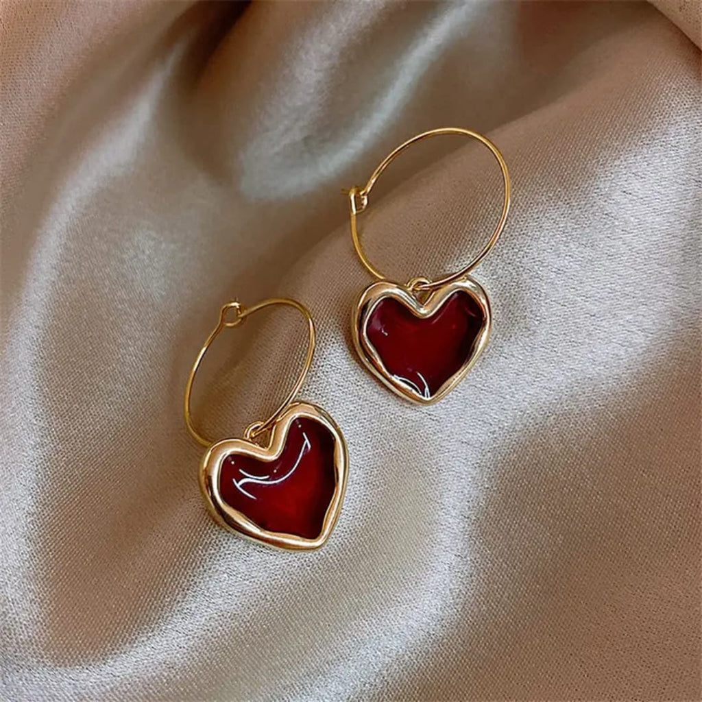 Crimson Enamel Heart Charm Hoop Earrings