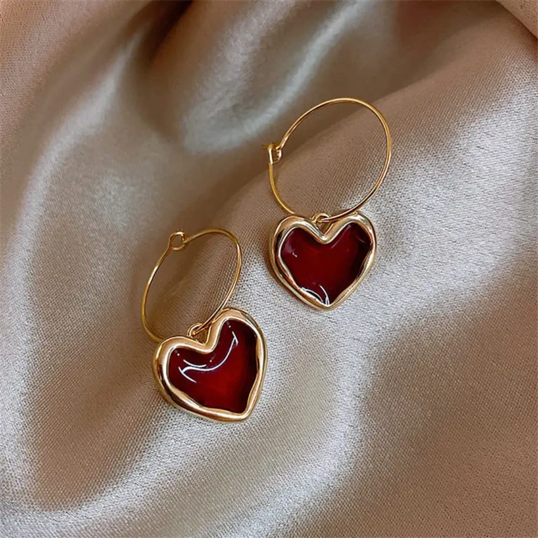 Crimson Enamel Heart Charm Hoop Earrings