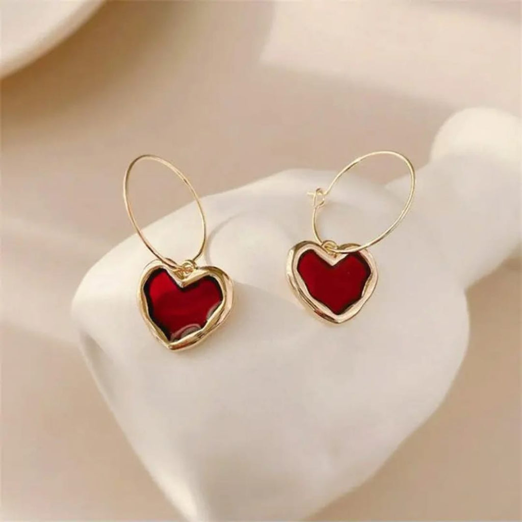 Crimson Enamel Heart Charm Hoop Earrings