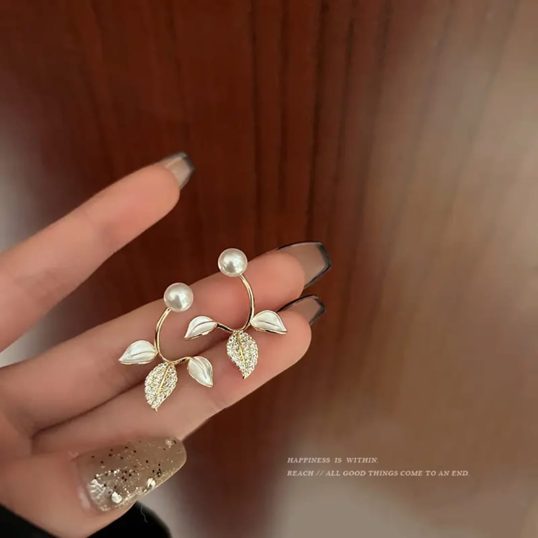 Pearl Stud Botanical Leaf Front-Back Earrings