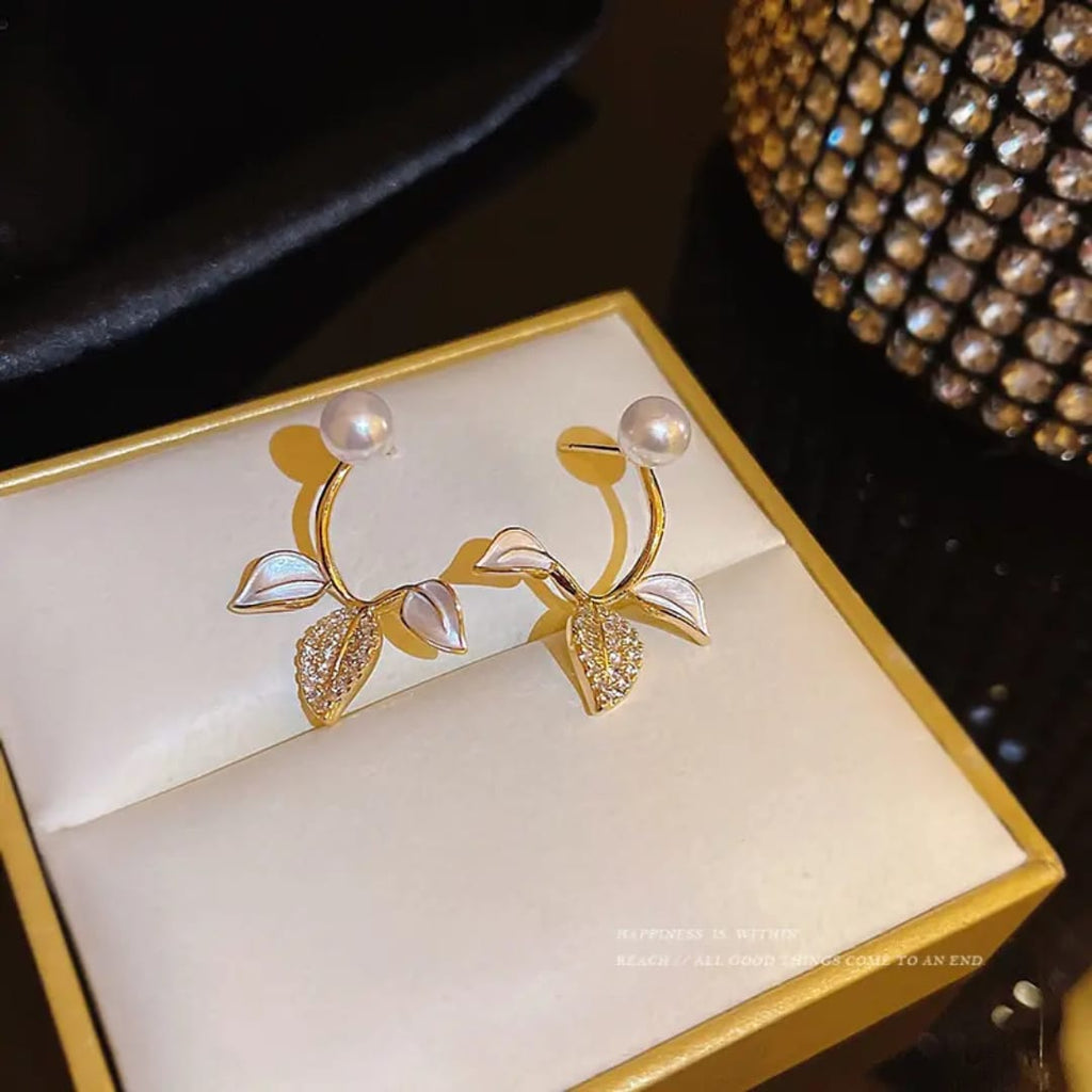 Pearl Stud Botanical Leaf Front-Back Earrings
