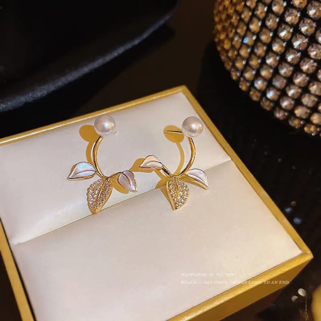 Pearl Stud Botanical Leaf Front-Back Earrings