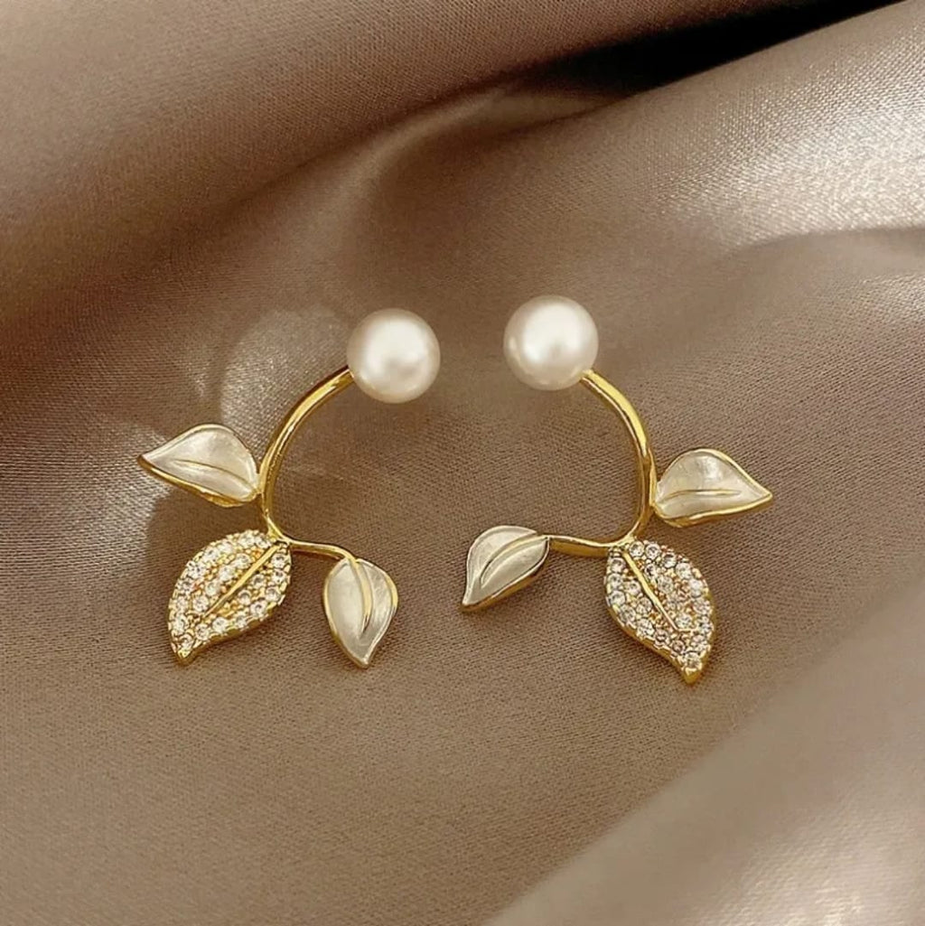 Pearl Stud Botanical Leaf Front-Back Earrings