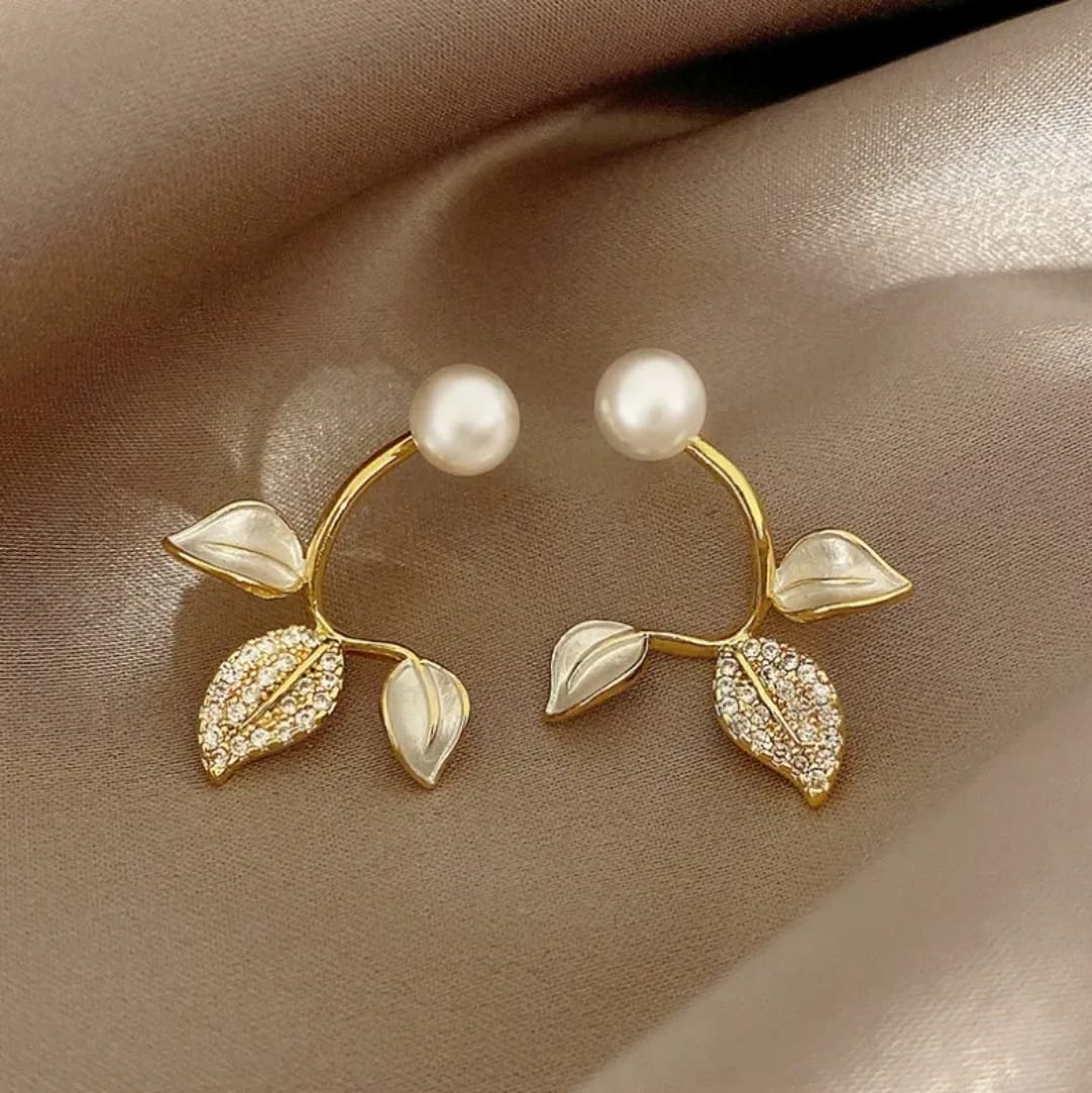 Pearl Stud Botanical Leaf Front-Back Earrings