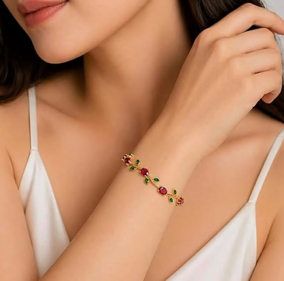 Ruby Red & Emerald Green Crystal Rose Vine Bracelet