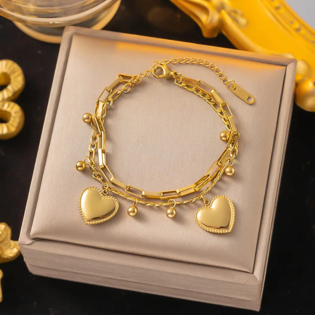 Double-Layer Heart Charm Bracelet