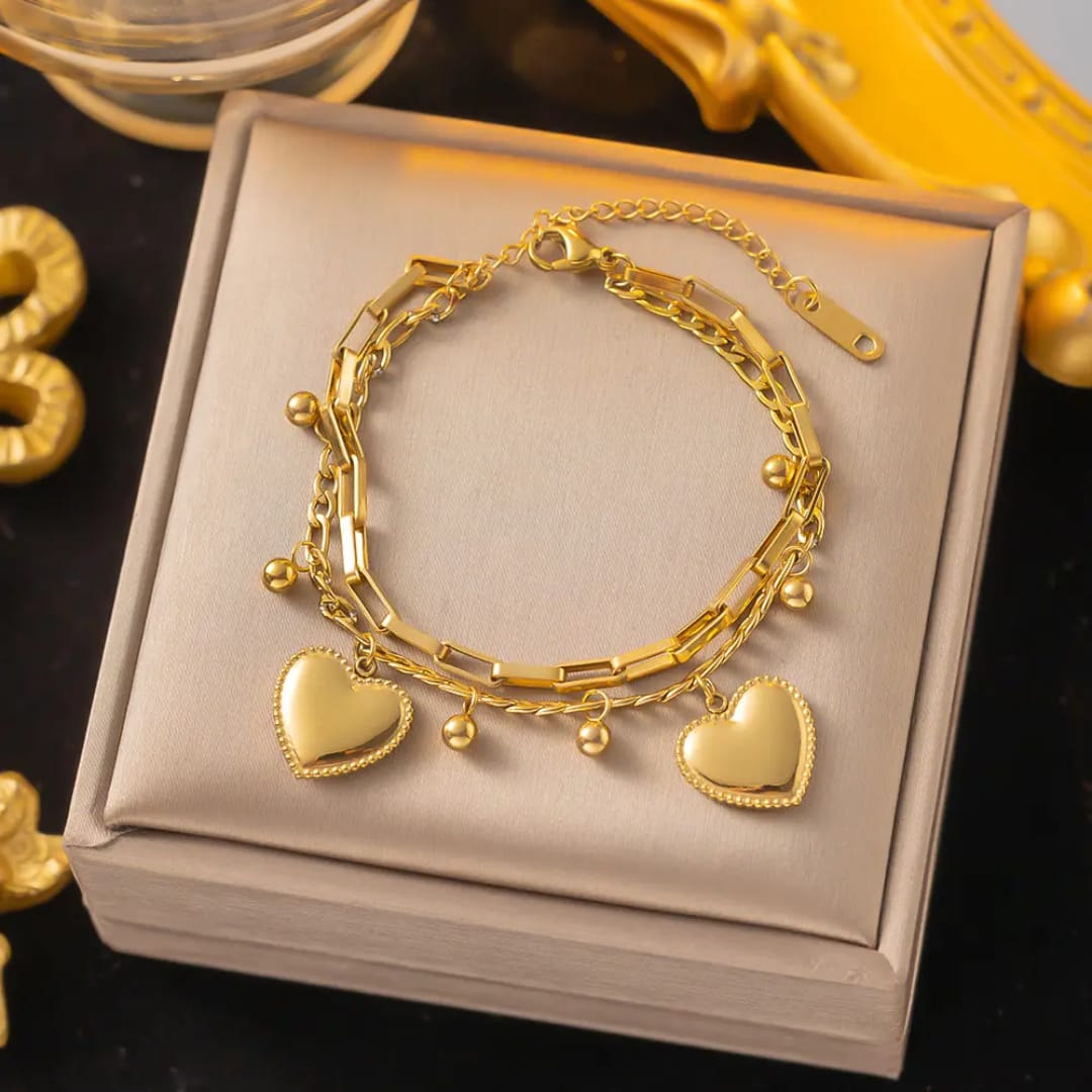 Double-Layer Heart Charm Bracelet