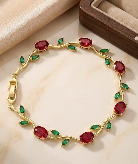 Ruby Red & Emerald Green Crystal Rose Vine Bracelet