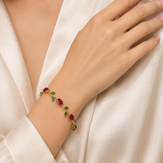 Ruby Red & Emerald Green Crystal Rose Vine Bracelet