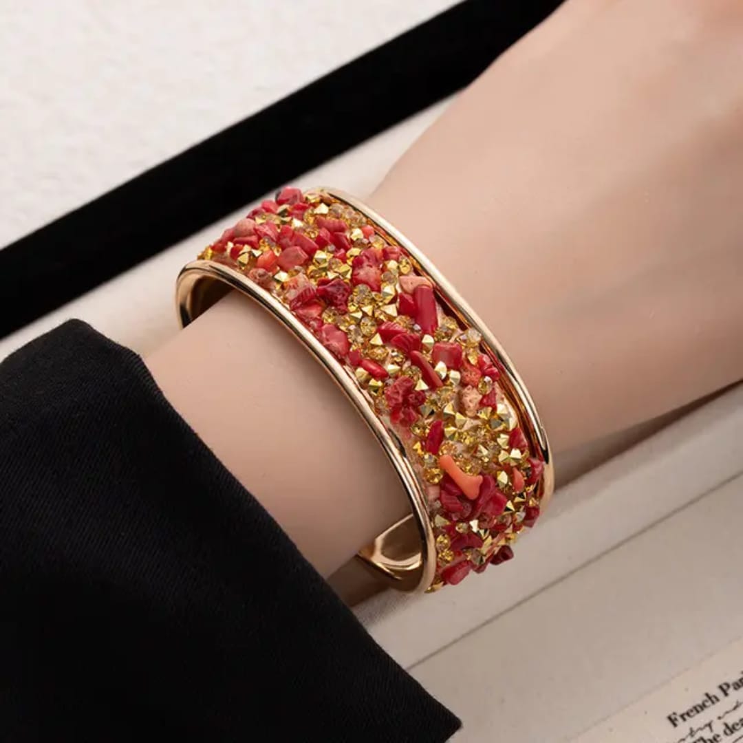 Mosaic Crystal & Raw Stone Open Cuff Bangle