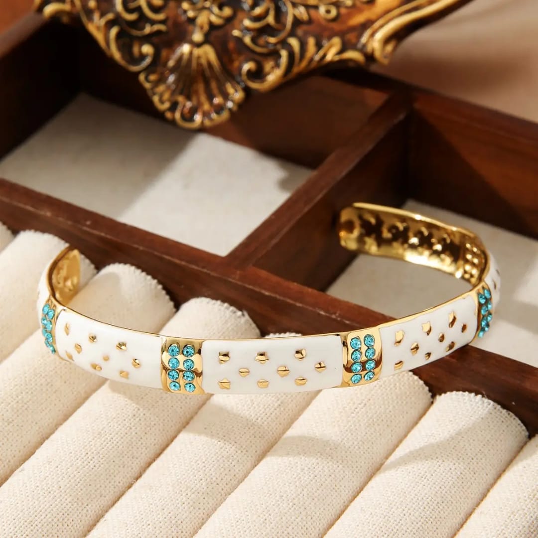 Vintage Enamel & Turquoise Crystal Station Bangle