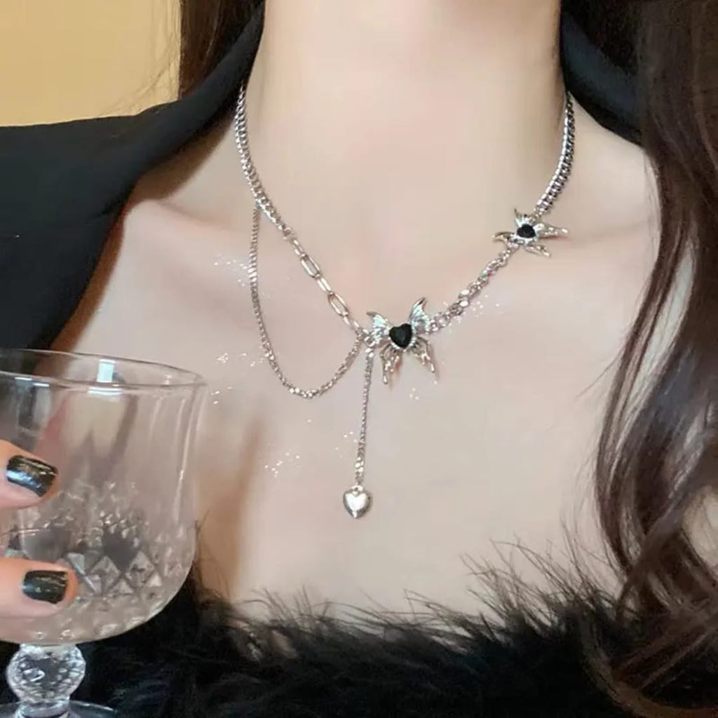 Dark Romance Black Heart Butterfly Layered Necklace