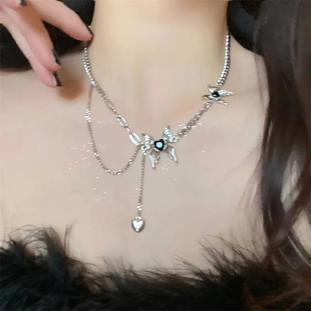 Dark Romance Black Heart Butterfly Layered Necklace