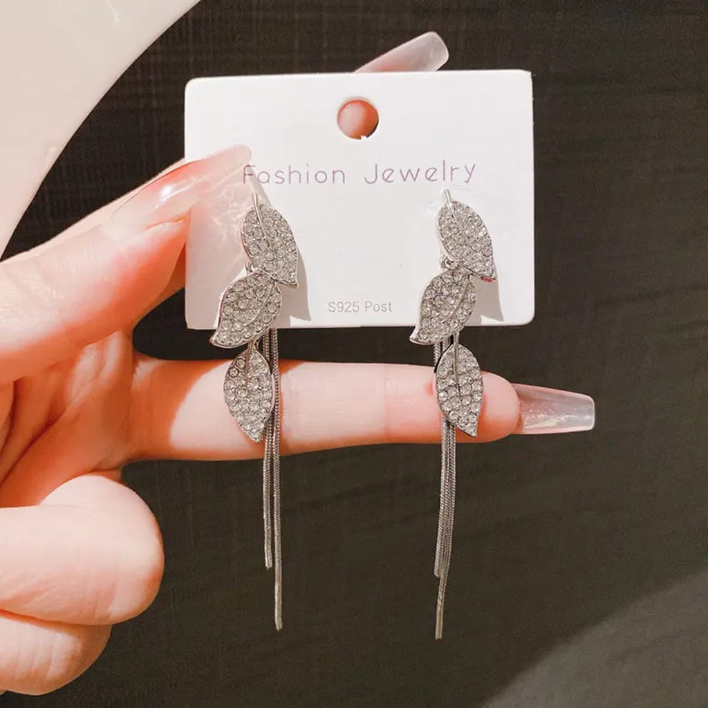 Crystal Leaf Cluster Waterfall Tassel Earrings