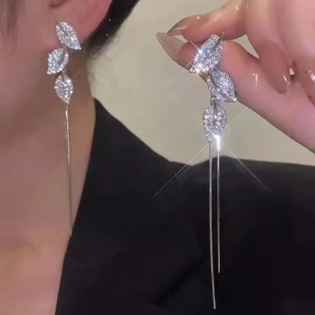 Crystal Leaf Cluster Waterfall Tassel Earrings